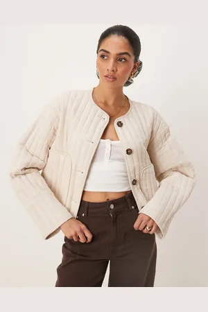 ASOS – Kragenlose Cropped-Steppjacke aus Leinen in Hellbeige
