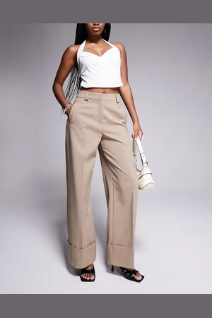 River Island – Hose in Beige mit weitem Bein und Faltendetail