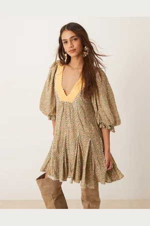 Free People – Boho-Minikleid in mit Blümchenmuster und Puffärmeln