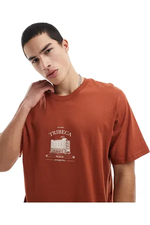 JACK & JONES – Oversize-T-Shirt in Terracotta mit Print auf der Brust