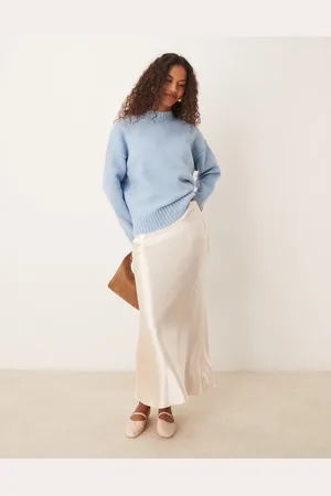 New Look – Satin-Midirock in Khaki mit Schrägschnitt