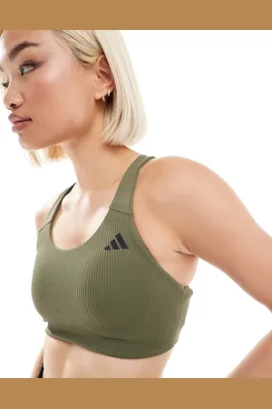 adidas Adidas Training – D4T – Gerippter Sport-BH in Olivgrün mit mittlerer Stützfunktion