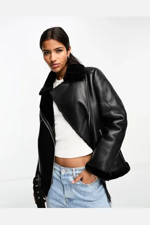 Pieces® – Pilotenjacke aus schwarzem Kunstleder mit Kunstpelz-Besatz