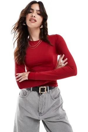 Pull&Bear – Langärmliges, formendes Oberteil aus Polyamid in Dunkelrot