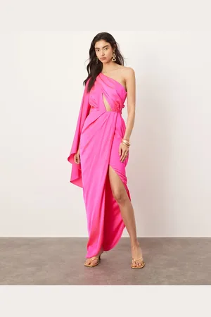 ASOS – Satin-Maxikleid in mit ausgestelltem One-Shoulder-Ärmel und gerafftem Taillendetail