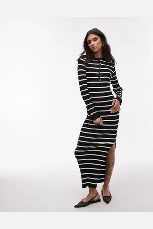 Topshop – Schwarz-weißes Strick-Maxikleid mit Knopfleiste