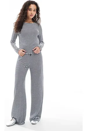 Object – Gerippte Hose aus Jersey in Marineblau gestreift mit weitem Bein, Kombiteil