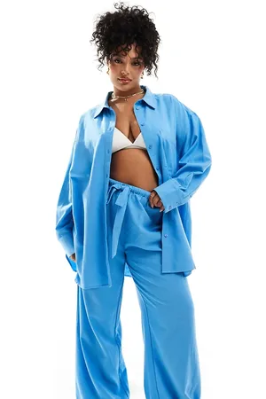 ASOS ASOS DESIGN Curve – Isabel – Mix & Match – Strandhose in blauer Leinenoptik mit Bindegürtel