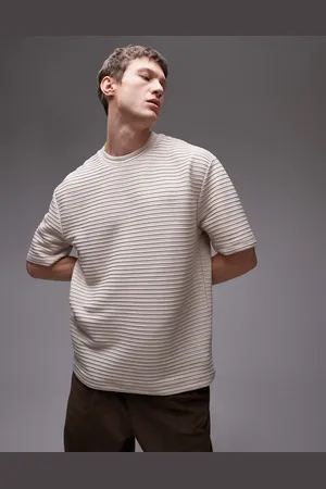 Topman – Elegantes, geripptes Oversize-T-Shirt in Steinbeige