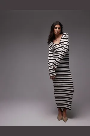 Topshop – Geripptes Maxikleid in Olivgrün mit Streifen und U-Ausschnitt