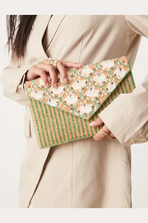 True Decadence – Umschlag-Clutch in Rosa und Grün mit Blumenmuster und Perlen