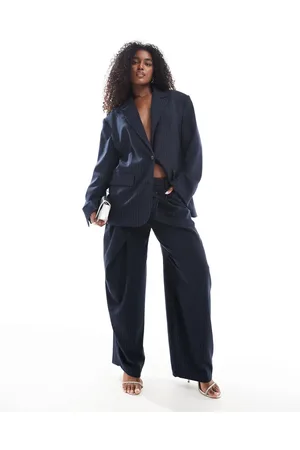 Bershka – Elegante Hose in Marineblau gestreift mit weitem Bein, Kombiteil