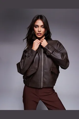 River Island – Bomberjacke in Dunkelbraun im Used-Look