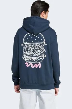 adidas – Q12 – Kapuzenpullover in Aurora-Tintenblau mit Street-Burger-Print