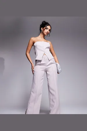 Kaiia – Exklusive, elegante Hose in Hellgrau mit weitem Bein und Nahtdetails, Kombiteil
