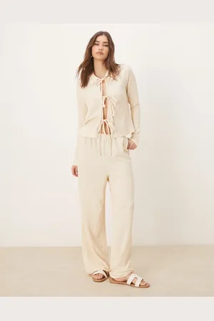 VILA – Strukturierte Hose aus Jersey in Creme mit weitem Schnitt, Kombiteil