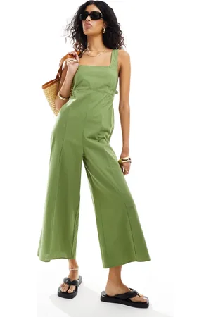 ASOS – Verkürzter Leinen-Jumpsuit in Khaki mit Bindeschleife am Rücken