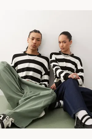 Reclaimed – Langärmliges Unisex-T-Shirt mit Rundhalsausschnitt und schwarz-weißem Muster