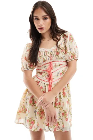 ASOS – Kurzes Milchmädchen-Kleid mit Bindeschleifen und floralem Vintage-Gobelinmuster