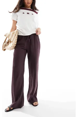 Pull&Bear – Leinenhose in Weinrot mit hohem Bund