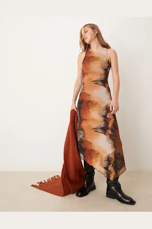 New Look – Midikleid aus gemustertem Mesh in Orange mit asymmetrischem Saum