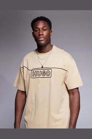 Hugo Blue – Noideryo – Locker geschnittenes T-Shirt in Beige mit Linien- und Logoprint