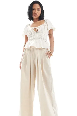 4th & Reckless – Exklusive, elegante Hose aus Leinenmix in Beige mit weitem Bein und gerafftem Bund