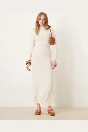VILA – Langärmliges, hochgeschlossenes Maxikleid in Birkencreme mit Struktur