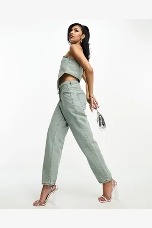 FAE – Jeans mit hohem Bund in blauer Dirty-Bleach-Waschung, Kombiteil