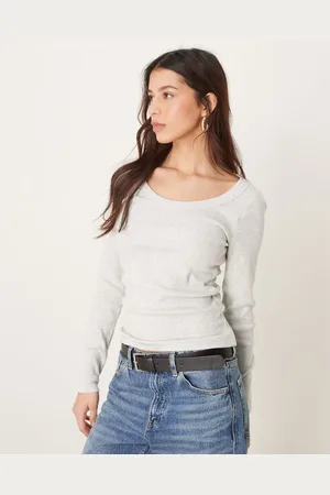 Abercrombie & Fitch – Langärmliges, geripptes Oberteil in Hellgrau mit U-Ausschnitt