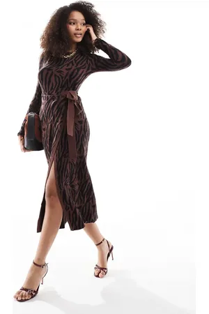 Style Cheat – Midi-Wickelkleid aus Strick in Schwarz und Braun mit Tierfellmuster