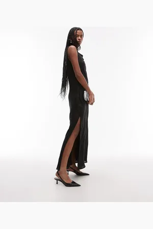 Topshop – Maxikleid aus schwarzem Jacquard mit seitlicher Drapierung