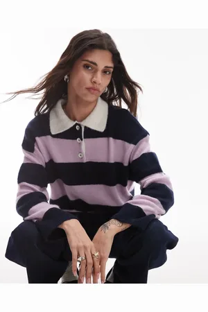 Topshop – Polo-Strickoberteil in Marineblau-Rosa