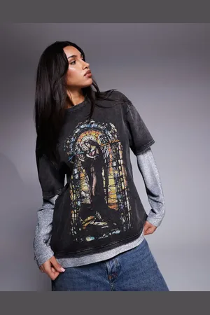 Liquor N Poker – Oversize-T-Shirt in Anthrazit mit Strassärmeln und Motiv-Detail
