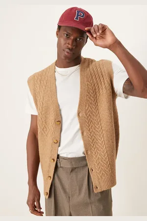 ASOS – Locker geschnittenes Strick-Tanktop in Beige mit Zopfmuster und Knopfleiste