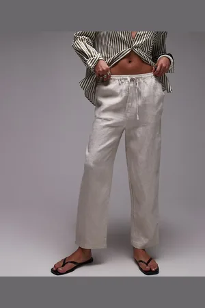 MANGO – Leinenhose in Hellbeige mit Kordelzug an der Taille