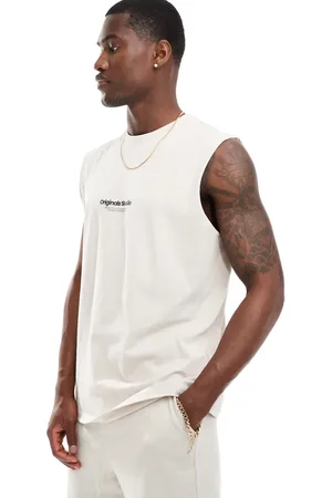 JACK & JONES – Oversize-Trägershirt in Beige mit Logo auf der Brust
