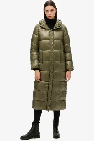 Superdry – Xpd Sport – Longline-Pufferjacke in staubigem Olivgrün