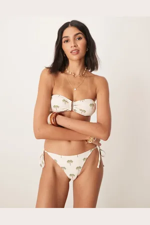 Stradivarius – Seitlich gebundene Bikinihose in Weiß mit Palmenprint