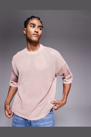 ASOS – Kastig geschnittenes Oversize-T-Shirt in Hellrosa aus Strick mit Lochmuster und überschnittenen Schultern