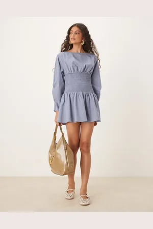 ASOS – Popeline-Minikleid in Stahlblau mit U-Boot-Ausschnitt und gesmokter Taille