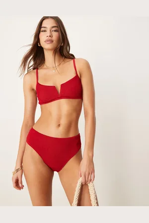 Free Society – Bikinihose in Kirschrot mit hoher Taille und Knitteroptik