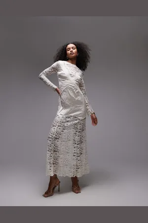 Topshop – Langärmliges Maxikleid aus geknittertem Satin und Spitze in Elfenbein in Vintage-Optik
