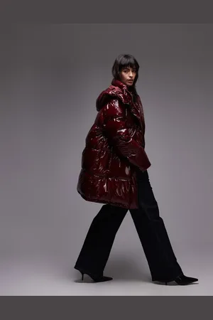Topshop – Mittellange Pufferjacke in Burgunderrot mit Kapuze