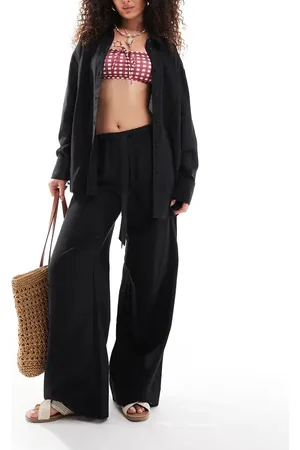 ASOS – Isabel – Mix & Match – Strandhose in schwarzer Leinenoptik mit Bindegürtel