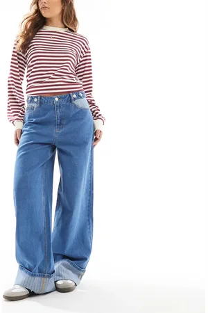 Object – Jeans aus mittelblauem Denim mit extrem weitem Bein und kontrastierendem Umschlag