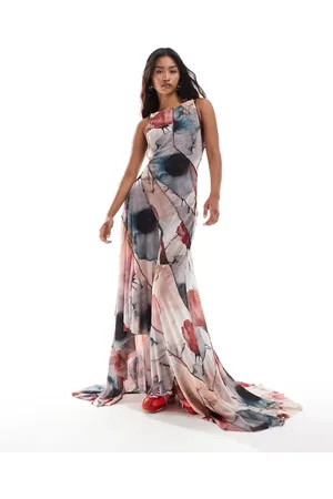 ASOS – Abendkleid mit verwischtem Blumenmuster, Rückenausschnitt und schmalen Trägern