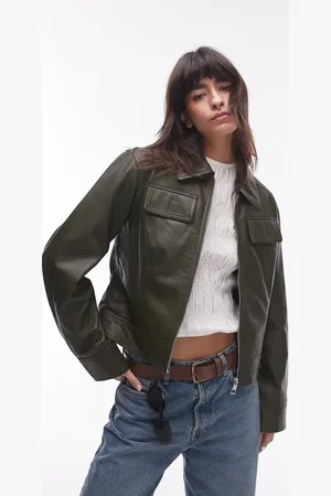 Topshop – Hochwertige Lederjacke in Dunkelgrün mit kastigem Schnitt