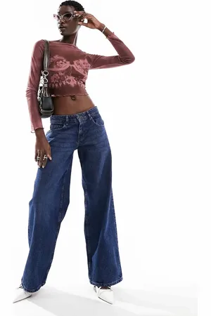 Motel – Extra weite Jeans in mittelblauem Used-Look mit niedrigem Bund