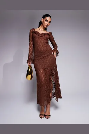 ASOS – Midi-Spitzenkleid in mit Rüschen und Frontschlitz